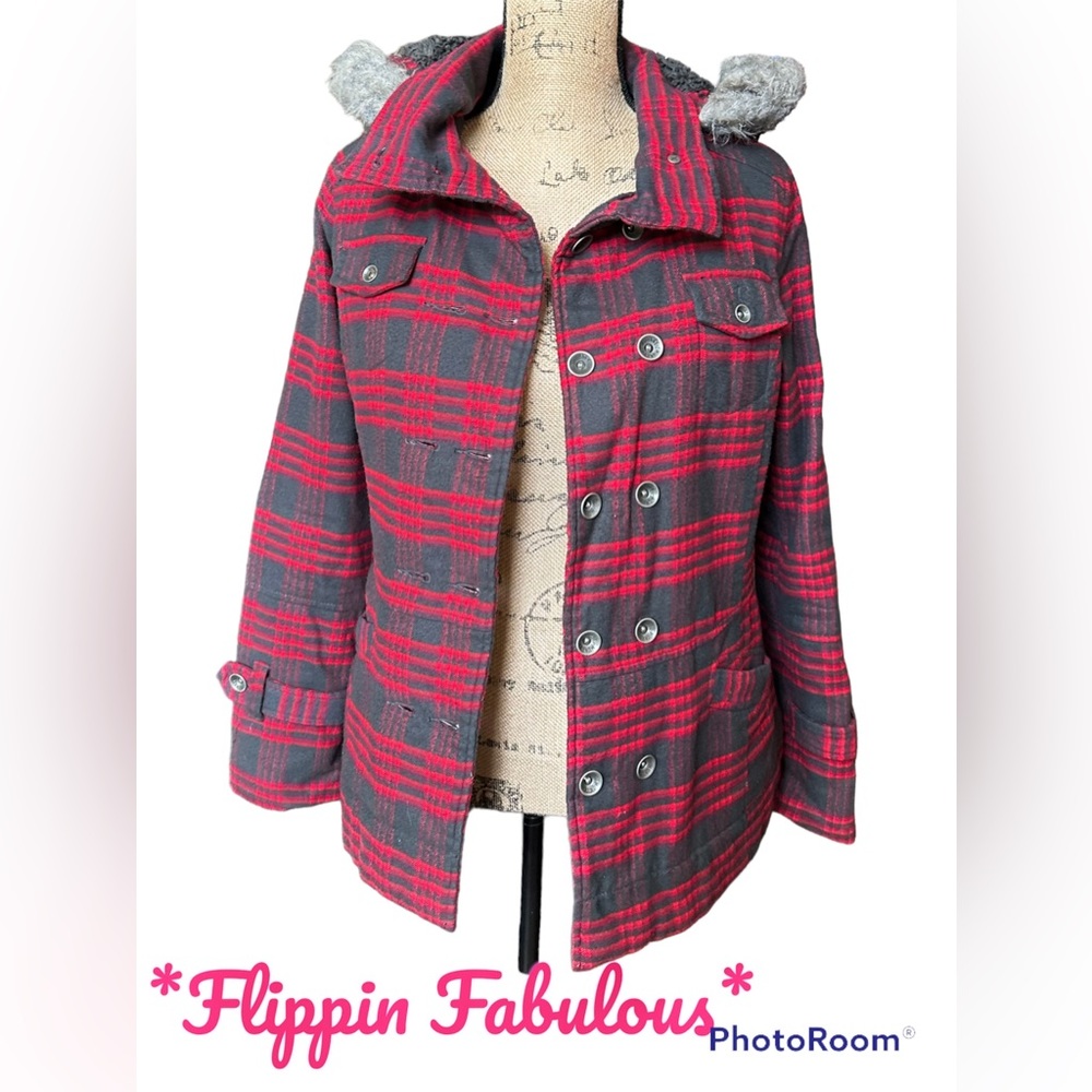 Hurley~ checked red & grey Hooded Jacket size small